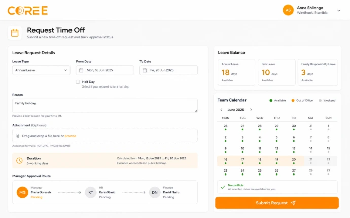COREE Time Off leave balances and allocations
