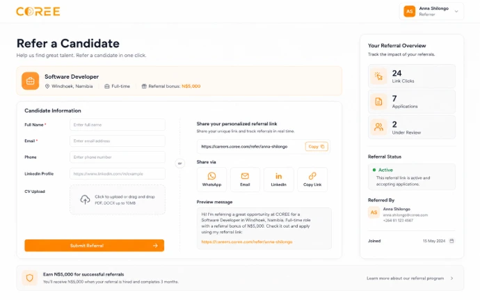 COREE employee referral sharing