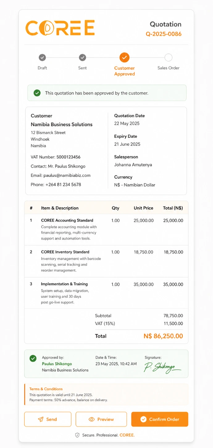 COREE quotations and sales orders