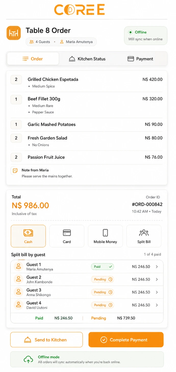 COREE Restaurant POS ordering on compatible devices