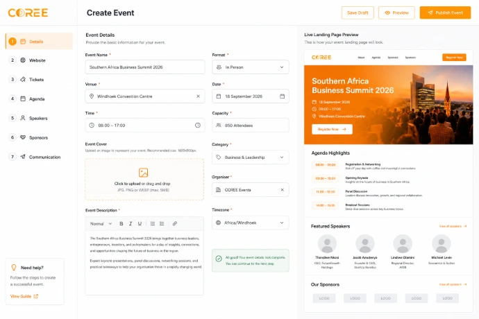 COREE Events event management dashboard