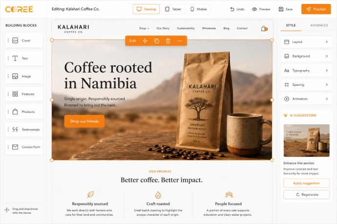 COREE visual drag and drop website builder