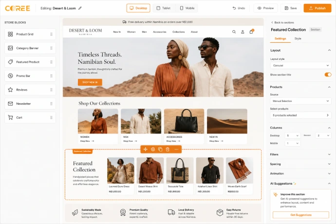 COREE eCommerce drag and drop builder