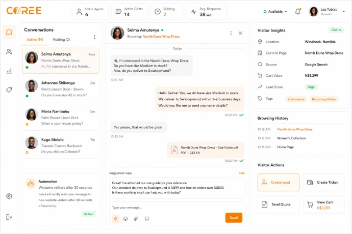 COREE Live Chat customer conversations