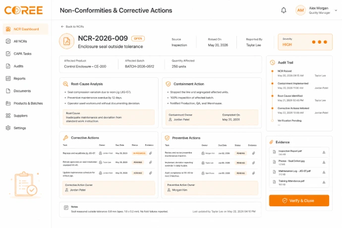 COREE Quality issue and corrective action management